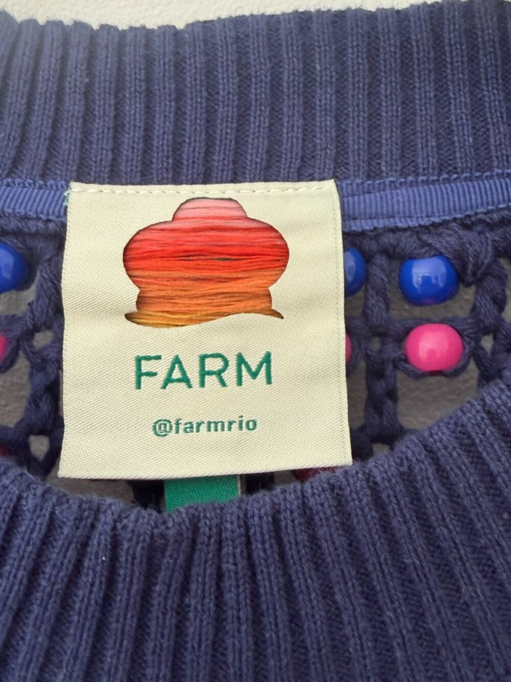Farm Rio Navy Blue Topanga Rainbow Beaded Crochet Knit Sweater New With Tags - Picture 5 of 8